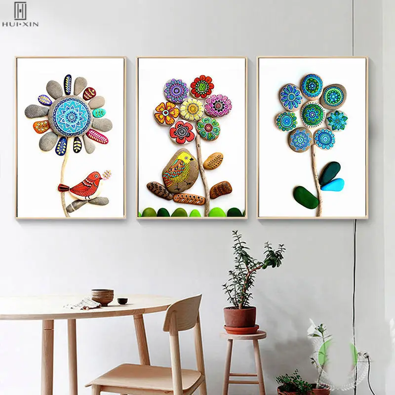 Lovely Varicolord Flowers Raised Rocks Sunflowers Green Leaf Modern Decorative Canvas Paintings Poster Wall Art For Home Decor