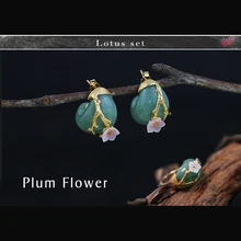 Lotus Fun реальные 925 серебро Натуральный камень творческий ручной Ювелирные украшения сливы цветок комплект ювелирных изделий с кольцо серьгу