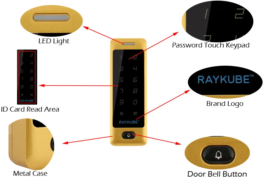 RAYKUBE доступа Управление RFID 125HKz Водонепроницаемый IPX3 металлический пароль сенсорная клавиатура для двери Система контроля доступа R-T04, золотистый