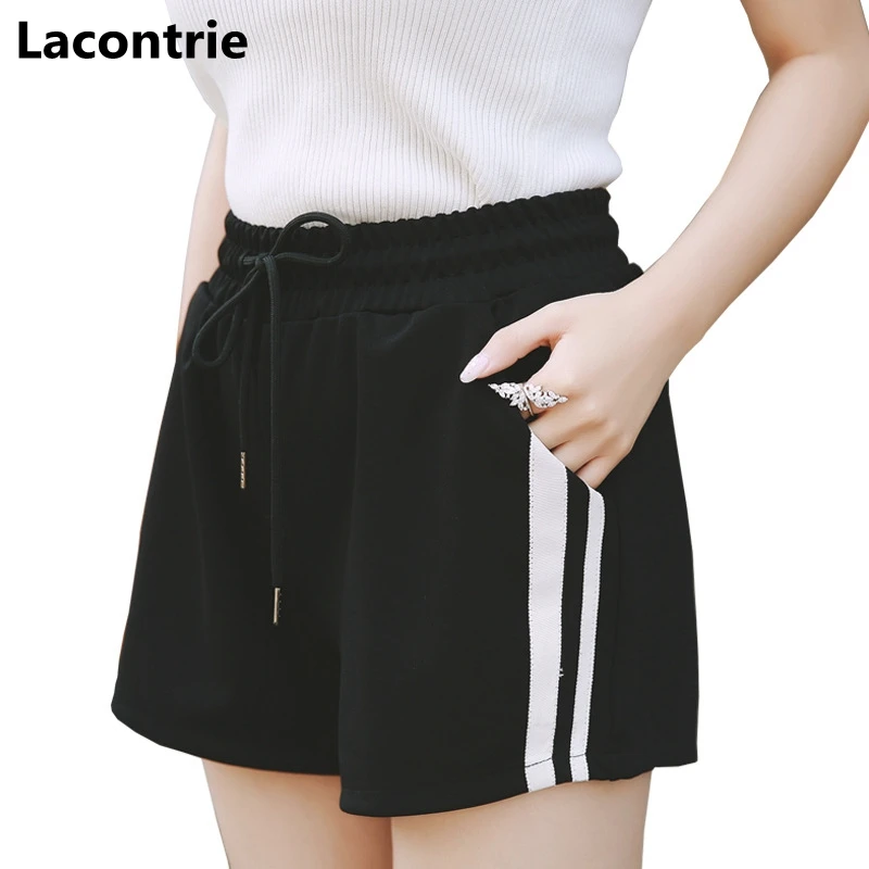 

Lacontrie 2019 New Women Wide Leg Shorts Summer Fashion Women Black Shorts High Waist Striped Elastic Loose Casual Shorts T125