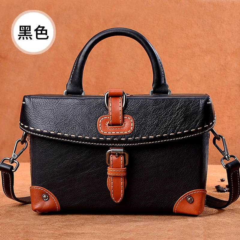 

Leather retro hit color shoulder bag new portable small square bag manual DIY first layer leather stereotype diagonal package