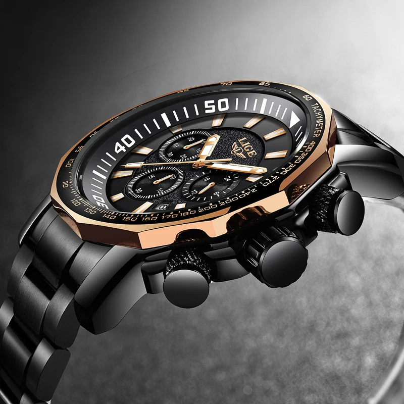 LIGE Top Luxury Brand Men's Quartz Watches Business Big Dial Fashion Casual Waterproof Stainless Steel Black Watch Male Clock