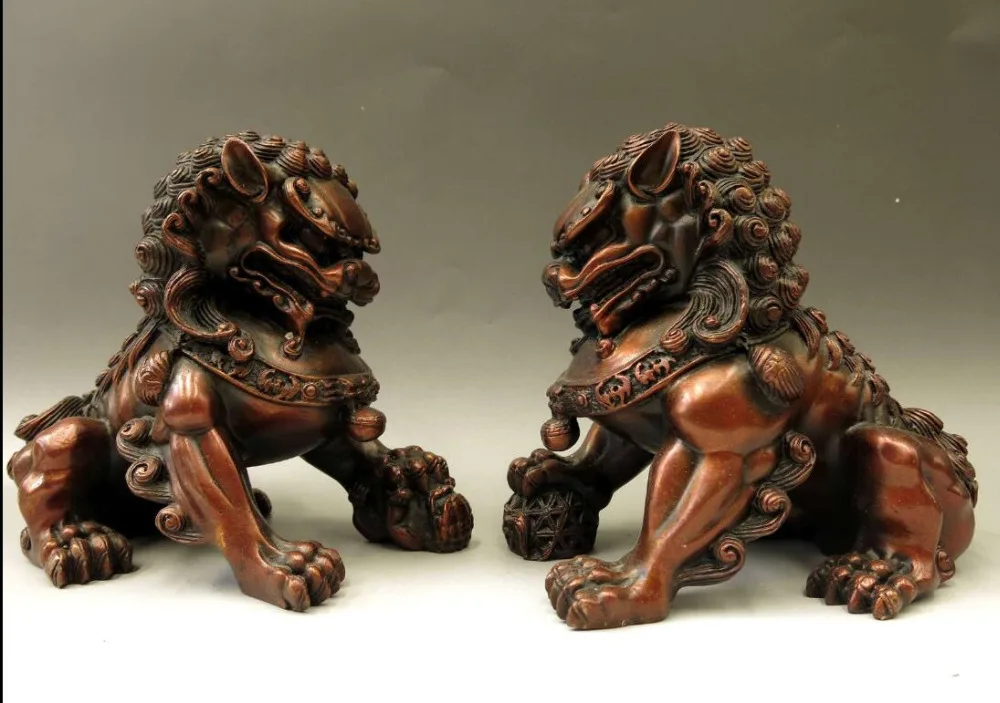 

S02143 6" China bronze sculpture carved red copper Feng Shui Foo Dogs lion pair Statue B0403
