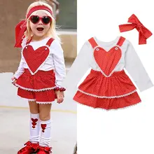 Комплект из 3 предметов для маленьких девочек на День Святого Валентина; многослойное платье с нагрудником; юбка; повязка на голову; одежда