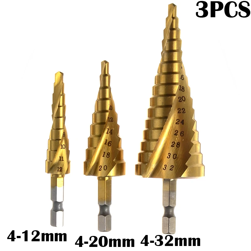 

ZENHOSIT 3pcs 4-32mm Pagoda Shape Hole Cutter Hex Shank Quick Release Titanium Cone Drill Bit HSS Steel Step Drills Bit Tool