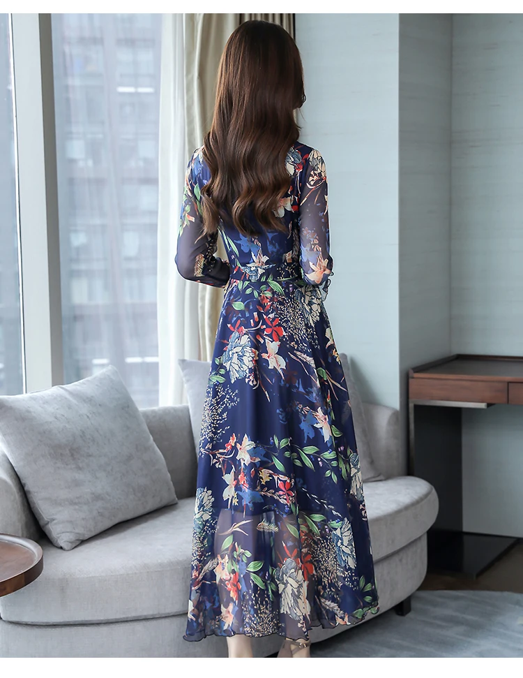 Осеннее Новое поступление размера плюс M-3XL высокое качество модное женское шифоновое длинное платье с круглым воротником и цветочным принтом