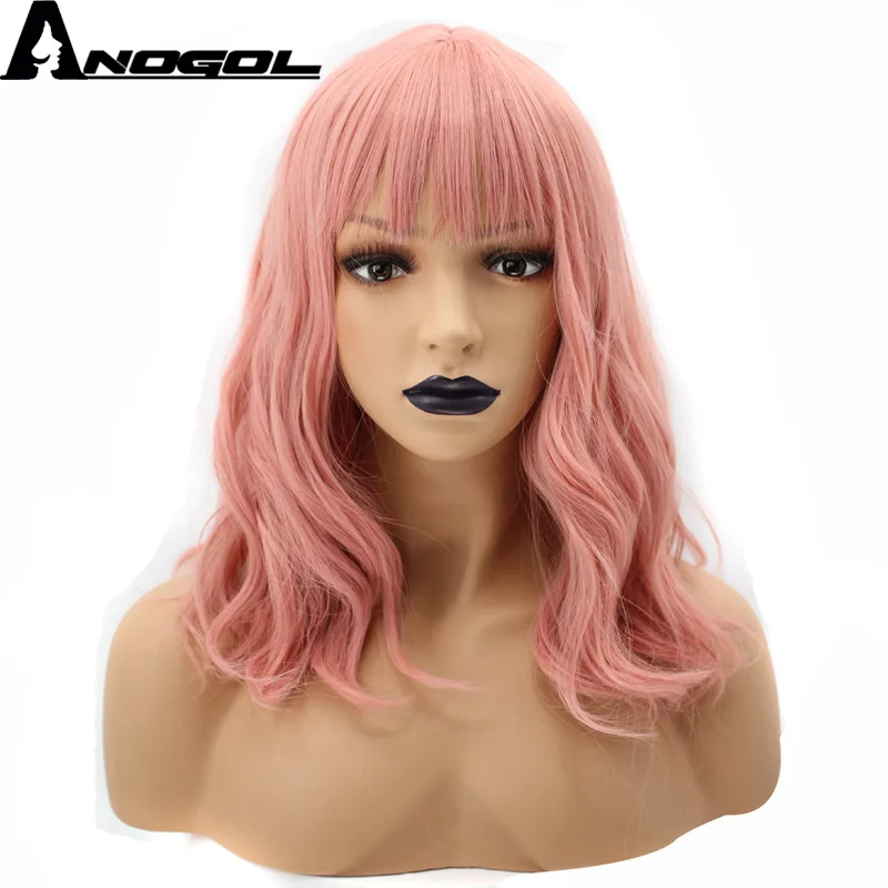 

Anogol High Temperature Fiber Short Body Wave Pink Synthetic Wig For White Women With Bangs