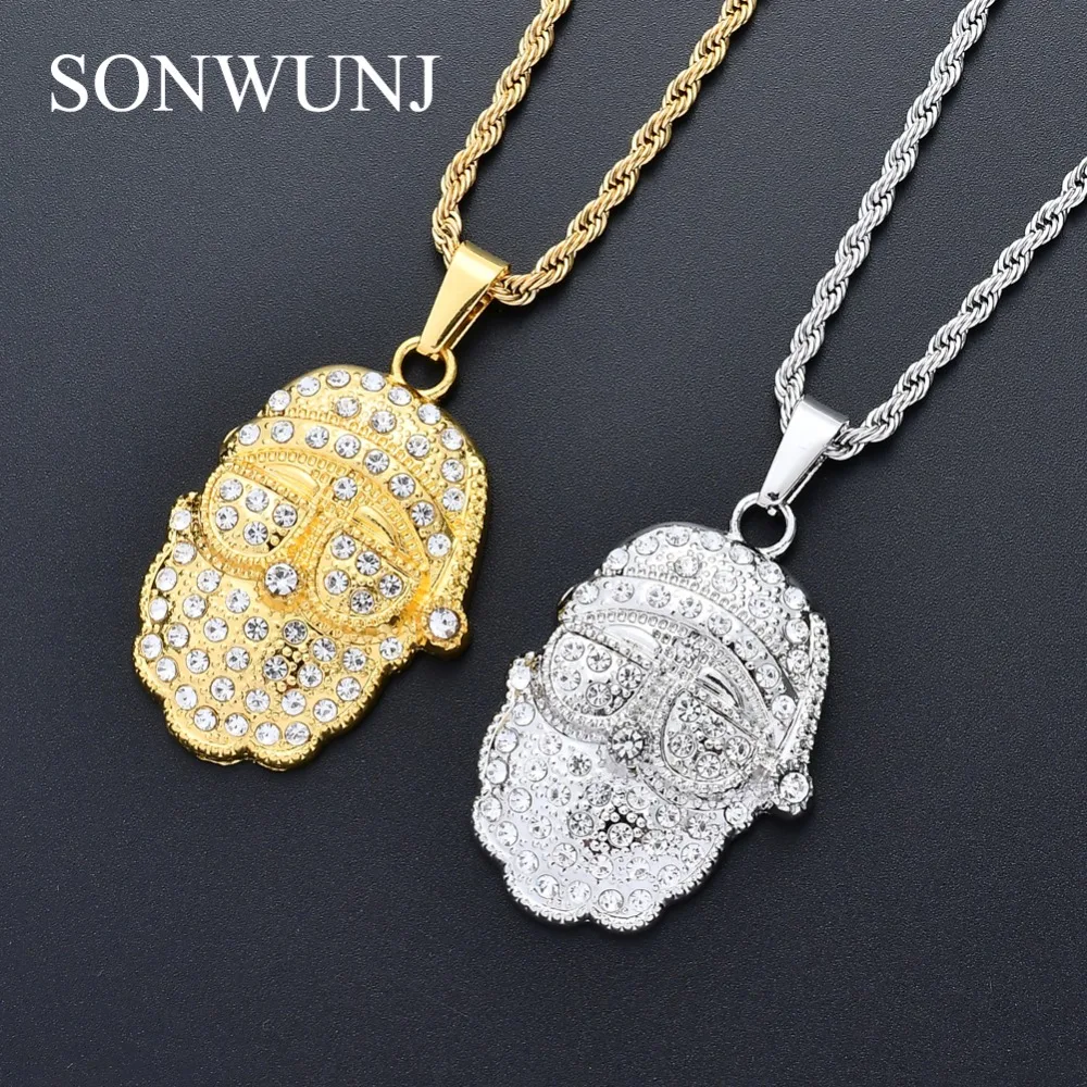 

New Hip Hop Crystal Men Head with Glasses Cartoon Pendant Necklace Jewelry for men N326