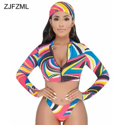 ZJFZML с принтом радуги пикантные 3 предмета Комплект женский платок на голову + длинный рукав топы на молнии + треугольные Трусы-шорты костюмы