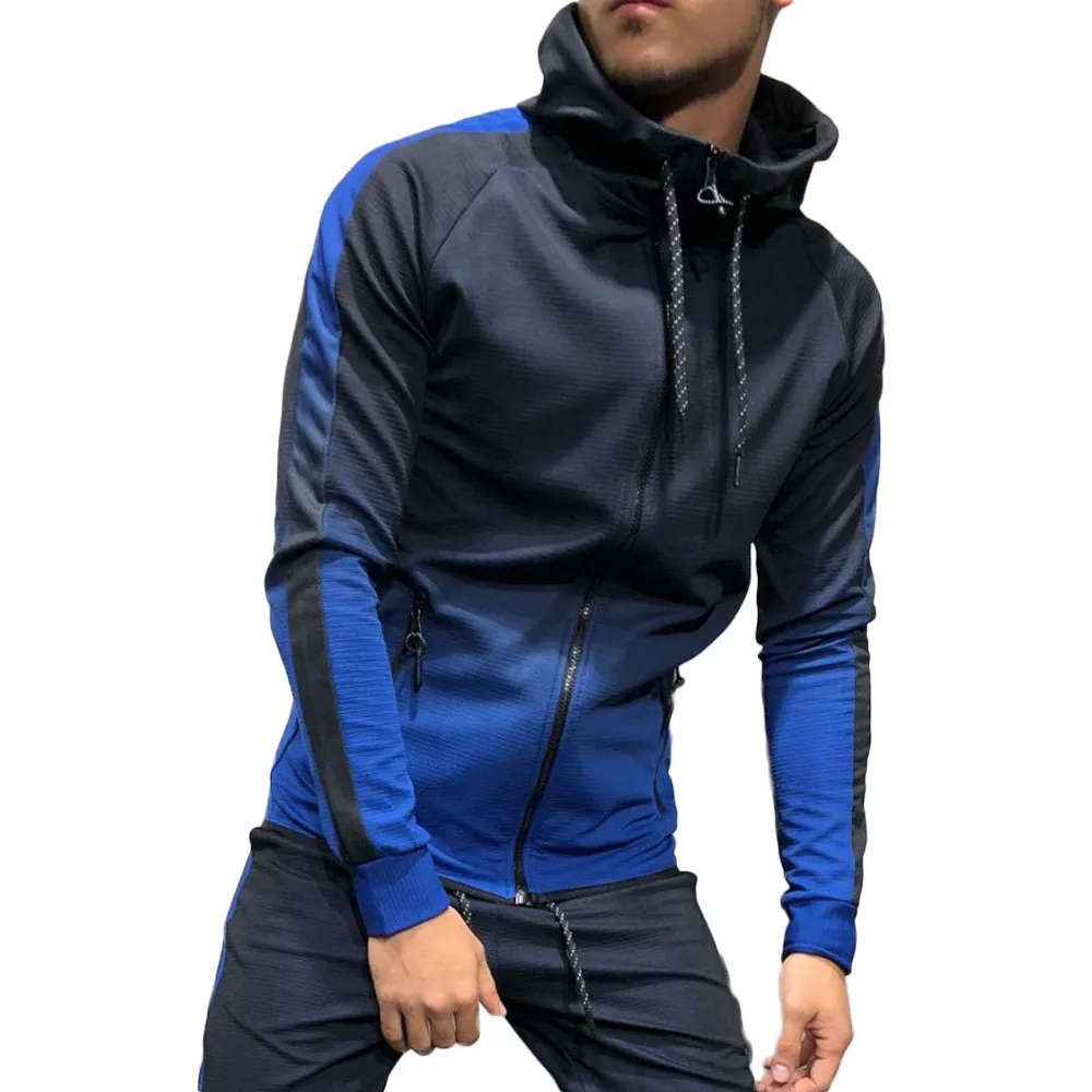 

Fashion Mens outwear Autumn Winter warm zipper Packwork Graduated Slim Long Sleeve Hooded Sweatshirt Drawstring Outwear