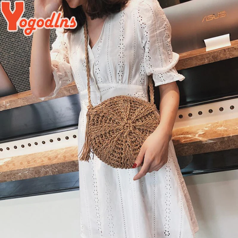 Women Straw Bags Bohemian Rattan Female Beach Handbag Circle Lady Woven Crossbody Bag Handmade Round Kintted Bag bolso