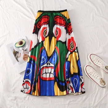 

2019 New Arrival Women Cartoon Printed Pleated Maxi Skirts 2019 Summer Elastic High Waist Empire Harajuku Tulle A-Line Skirts