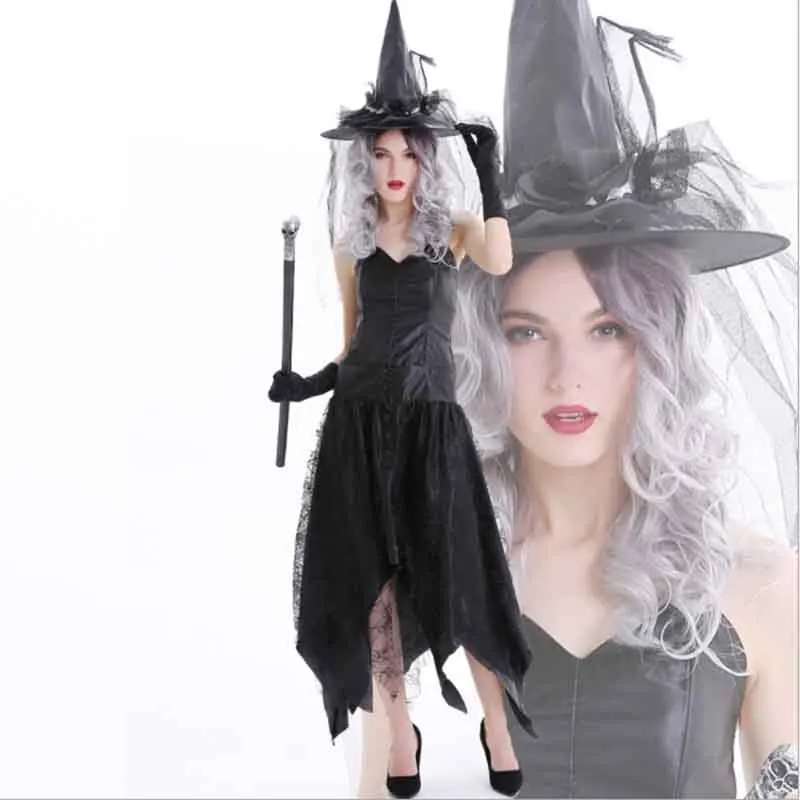 

2019 Fantasia New Halloween Carnival Women Witch Cosplay Costume Female Sexy Black Fancy Dress With Hat Gloves Outfit Plus Size