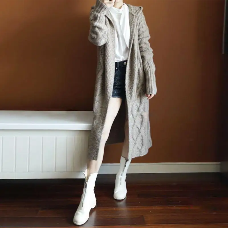 Осенне-зимний длинный вязаный Тренч с капюшоном, женское модное шерстяное пальто, толстый ветрозащитный свитер, длинное пальто, женская Корейская одежда, новинка - Цвет: Khaki