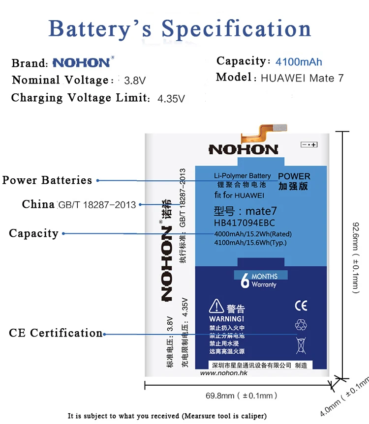 Original NOHON 4100mAh Battery For Huawei Mate 7 Mate7 HB417094EBC High Capacity Lithium Polymer Replacement Battery For Mate 7  (3)