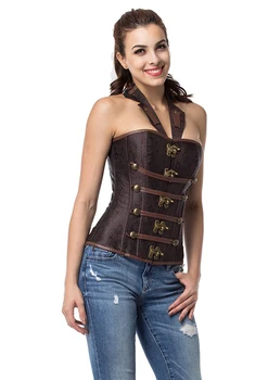 

Brown Leather Corset Collar Zipper Steampunk Corset Trainer Overbust Waist Corsets for Women