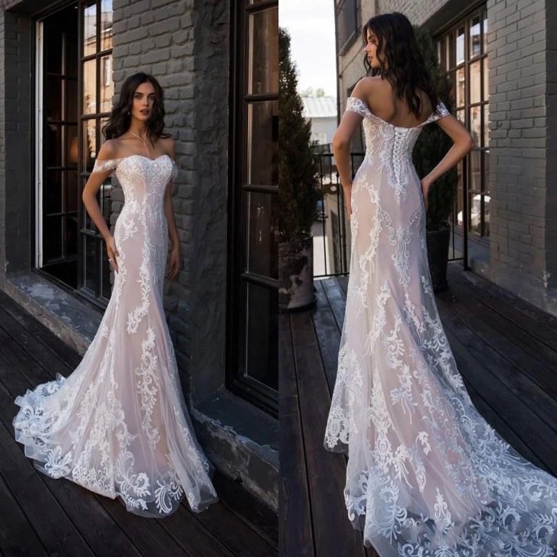 2019 Elegant Blush Roze Mermaid Bruidsjurken Off de Schouder Kant Bruid Jurk Vestido de noiva Custom Made Boho Bridal jassen 2019 Elegant Blush Roze Mermaid Bruidsjurken Off de Schouder Kant Bruid Jurk Vestido de noiva Custom Made Boho Bridal jassen