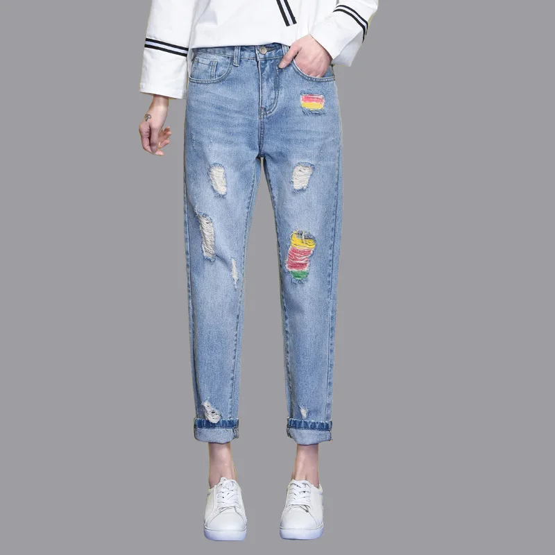 Новинка года, весенне-летние новые джинсы женские прямые джинсы средней длины по щиколотку женские рваные свободные модные брюки толстые мм 26-32 - Цвет: 4