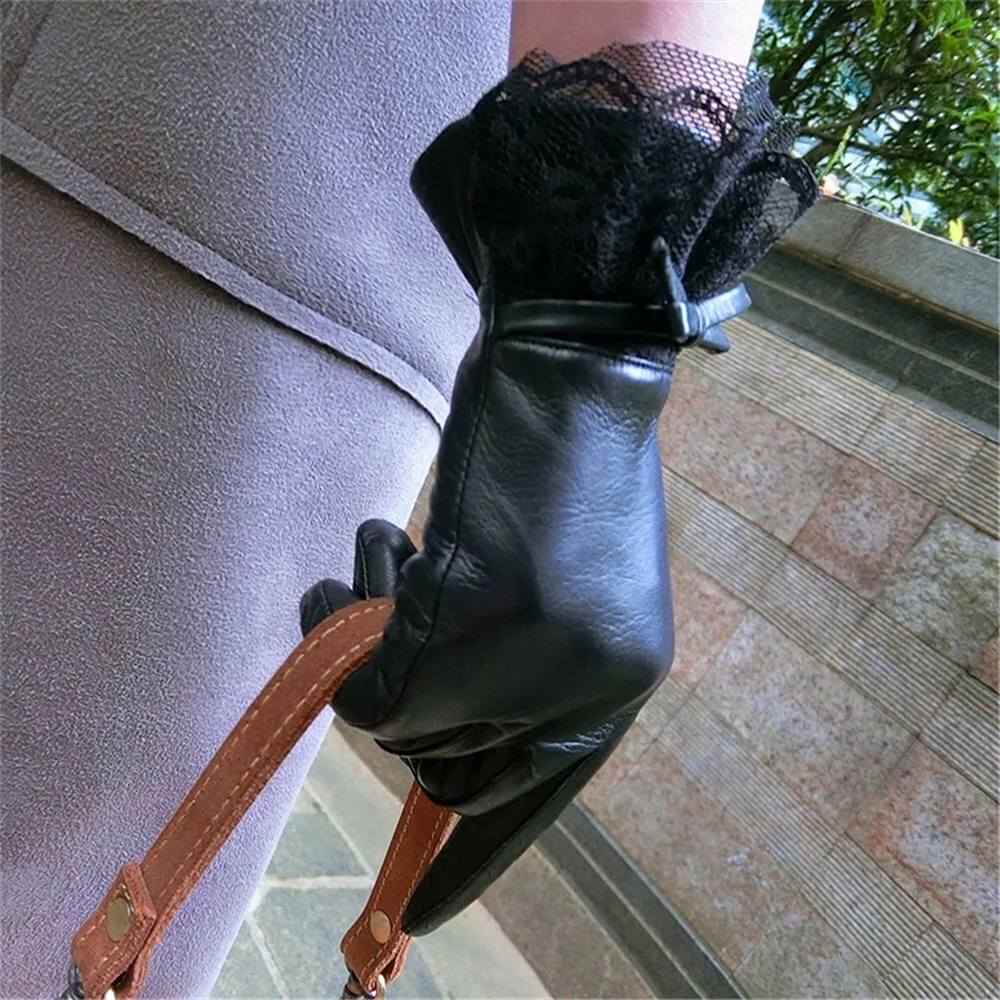 High-Quality New Genuine Leather Gloves Ladies Winter Cashmere Warm Fashion Lace Wrist Sheepskin Gloves Touch Screen EL072PC2-5 high quality genuine leather gloves women fashion black lace embroidery sheepskin gloves winter driving glove nw057 5