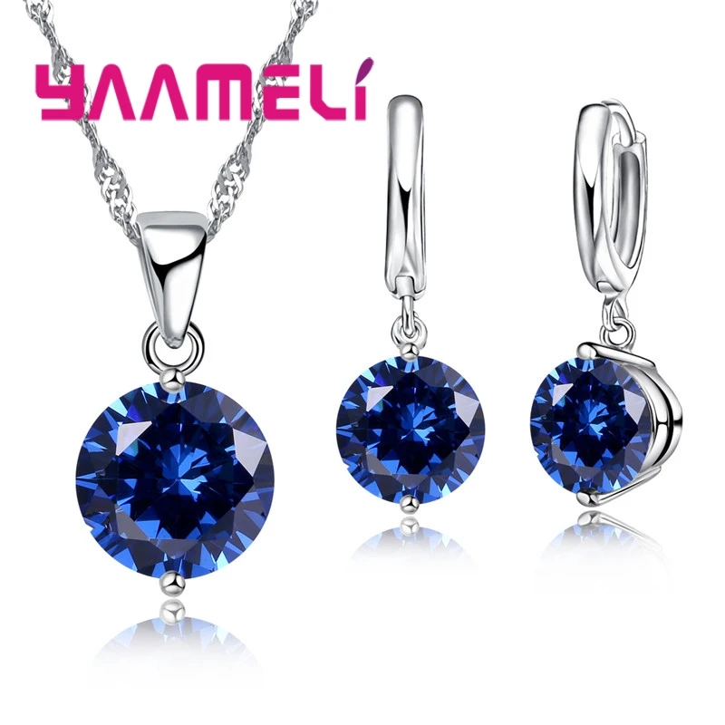 

925 Sterling Silver Pendant Necklace Huggie Earrings Sets for Wedding Engagement Austrian CZ Crystal Women Girl Gifts