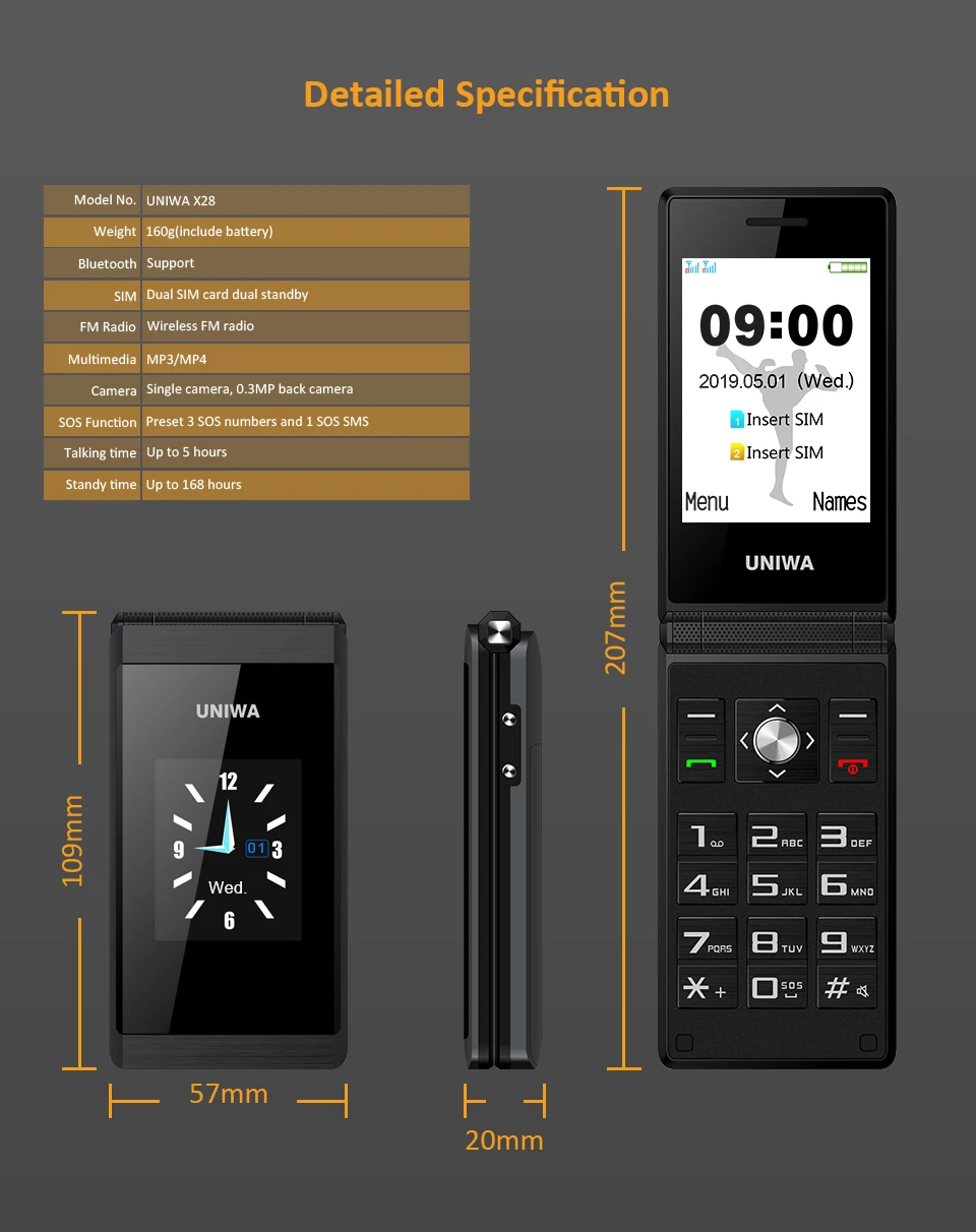 UNIWA X28, мобильный телефон с откидной крышкой, GSM, большой, кнопочный, для пожилых людей, флип, мобильный телефон, две sim-карты, FM радио, русская клавиатура, разблокированный мобильный телефон