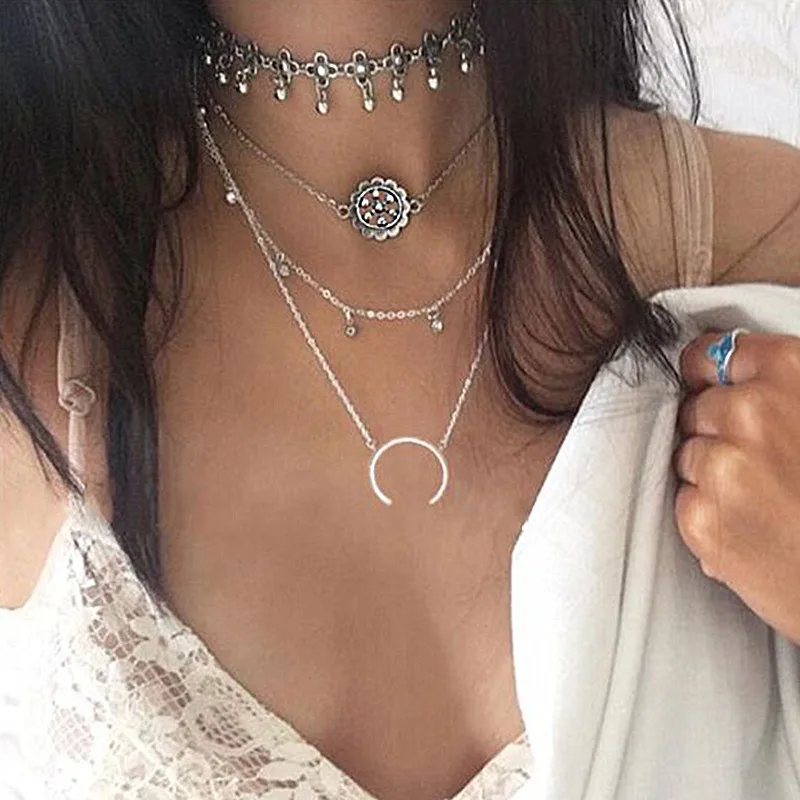 

NK273 New Fashion Beach Multilayer Necklaces Women Jewelry Punk Statement Long Tassel Horn Necklaces Vintage Pendant Collares