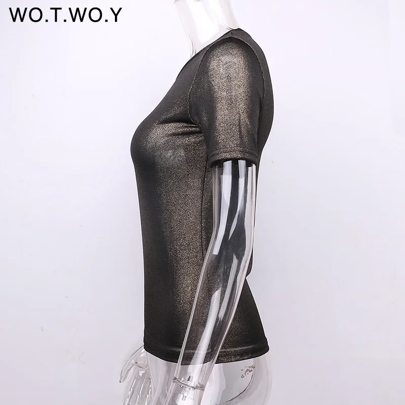 WOTWOY Лето 2018 блестящие футболки Для женщин Slim Fit люрекс Топы женские Повседневное