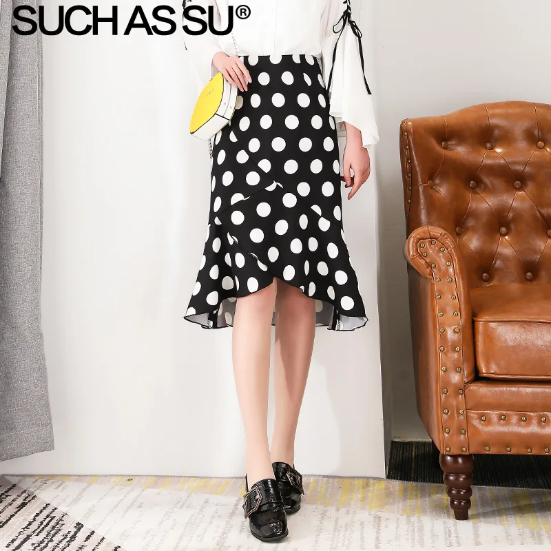 

New Knit Polka Dot Skirts Womens 2019 Summer Wave Point Print Midi High Waist Ruffle Skirt S-3XL Size Slim Female Mermaid Skirt