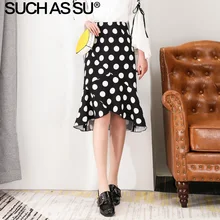 New Knit Polka Dot Skirts Womens 2019 Summer Wave Point Print Midi High Waist Ruffle Skirt S-3XL Size Slim Female Mermaid Skirt shirred waist ruffle hem dot jacquard skirt