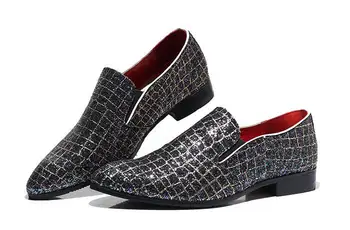

Fashion Grids Pattern Leather Loafers Shining Sequins Formal Dress Shoes Big Size Mens Wedding Party Shoes 2019 New SIZE38-48
