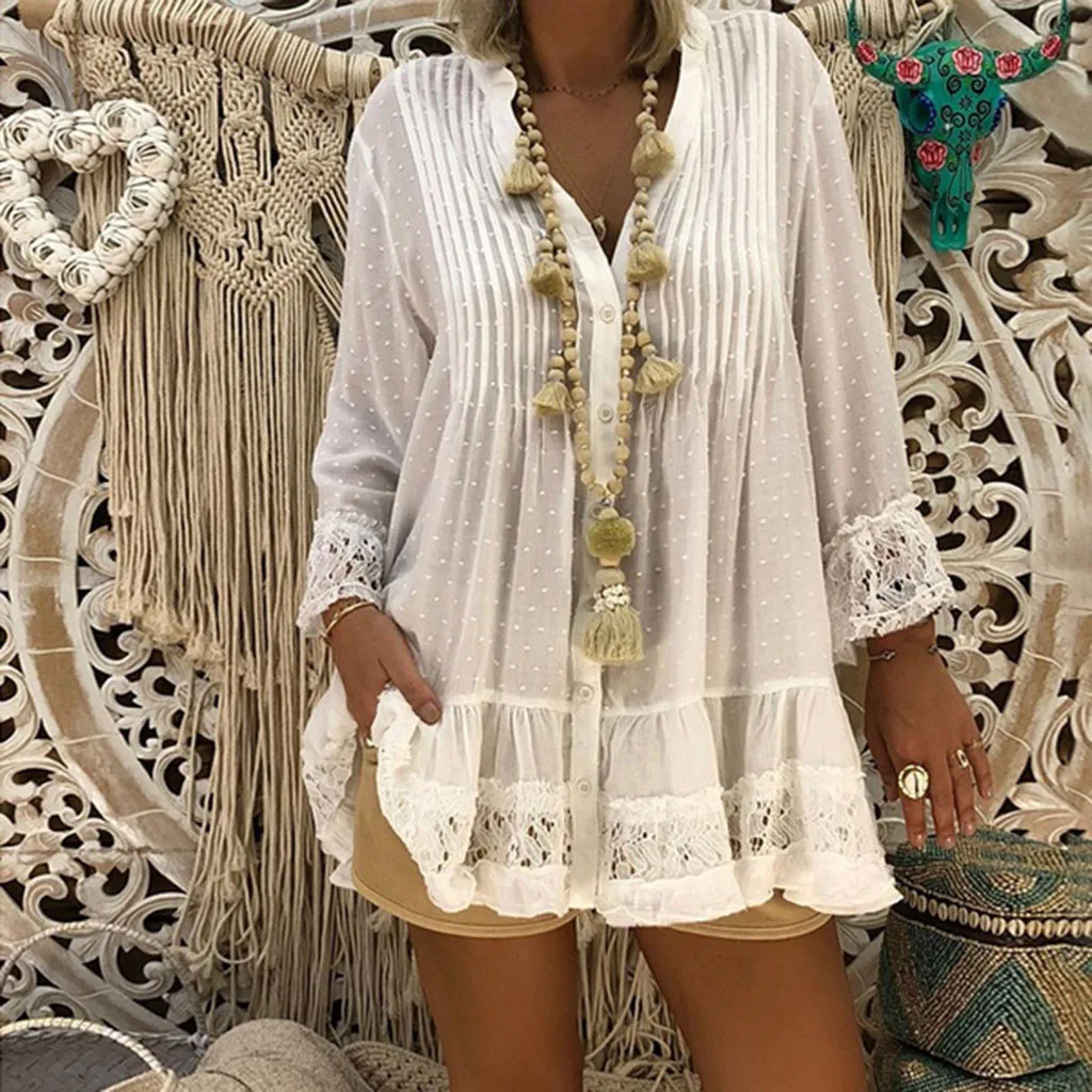 

MUQGEW Fashion blouse women V Neck Caftan Boho Beach Cover Plus Size Ladies Vintage Hippie loose shirt women tops streetwear