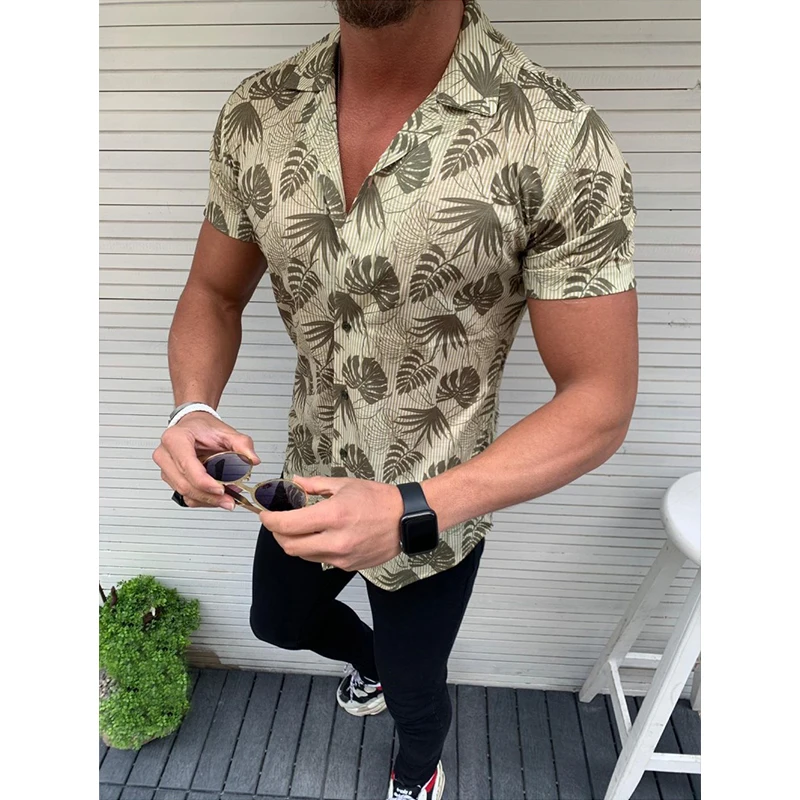 Мужская гавайская рубашка, мужская повседневная рубашка с принтом в виде кокосовых листьев, с отворотом, Пляжная, короткий рукав, летняя, тонкая, высокое качество, мужская, хлопковая, на пуговицах, camisa