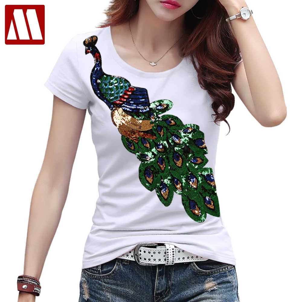 Newest Casual Summer Women T Shirt Peacock Paillette Stitchwork T-shirt Cotton Short Sleeve Big Size Cool Tshirt Brand Tops Tees