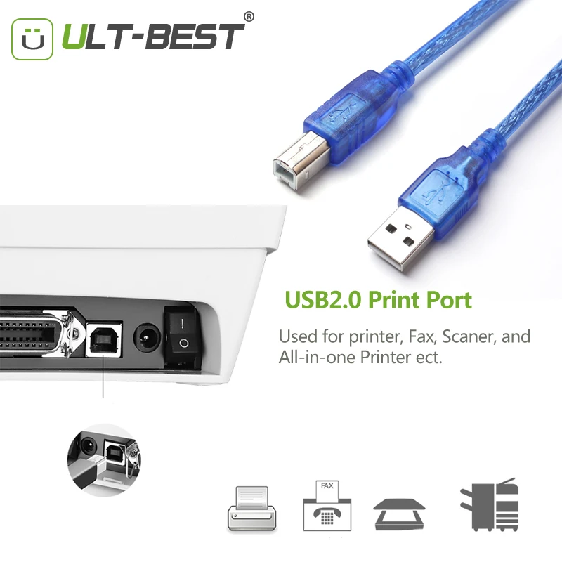 

ULT-Best USB 2.0 AM to BM Print Cable 1.5M Copper Transparent Blue Wholesale USB Cable for Printer Scanner