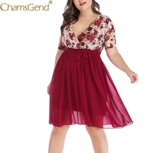 Женское сексуальное шифоновое платье с v-образным вырезом для девушек размера плюс с бантом на поясе цветочный принт тонкое кружевное мини-вечерние платья XL, 2XL, 3XL, 4XL, 5XL 90411