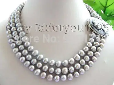 

Free Shipping>>3rows Natural 8-9mm Round Gray Pearl Necklace Cameo