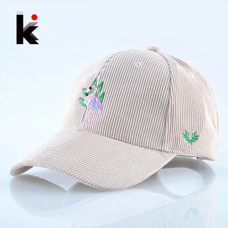 

2018 Spring Corduroy Baseball Cap Women Flamingo Embroidery Snapback Hip Hop Hats For Men Adjustable Solid Casual Bone Casquette