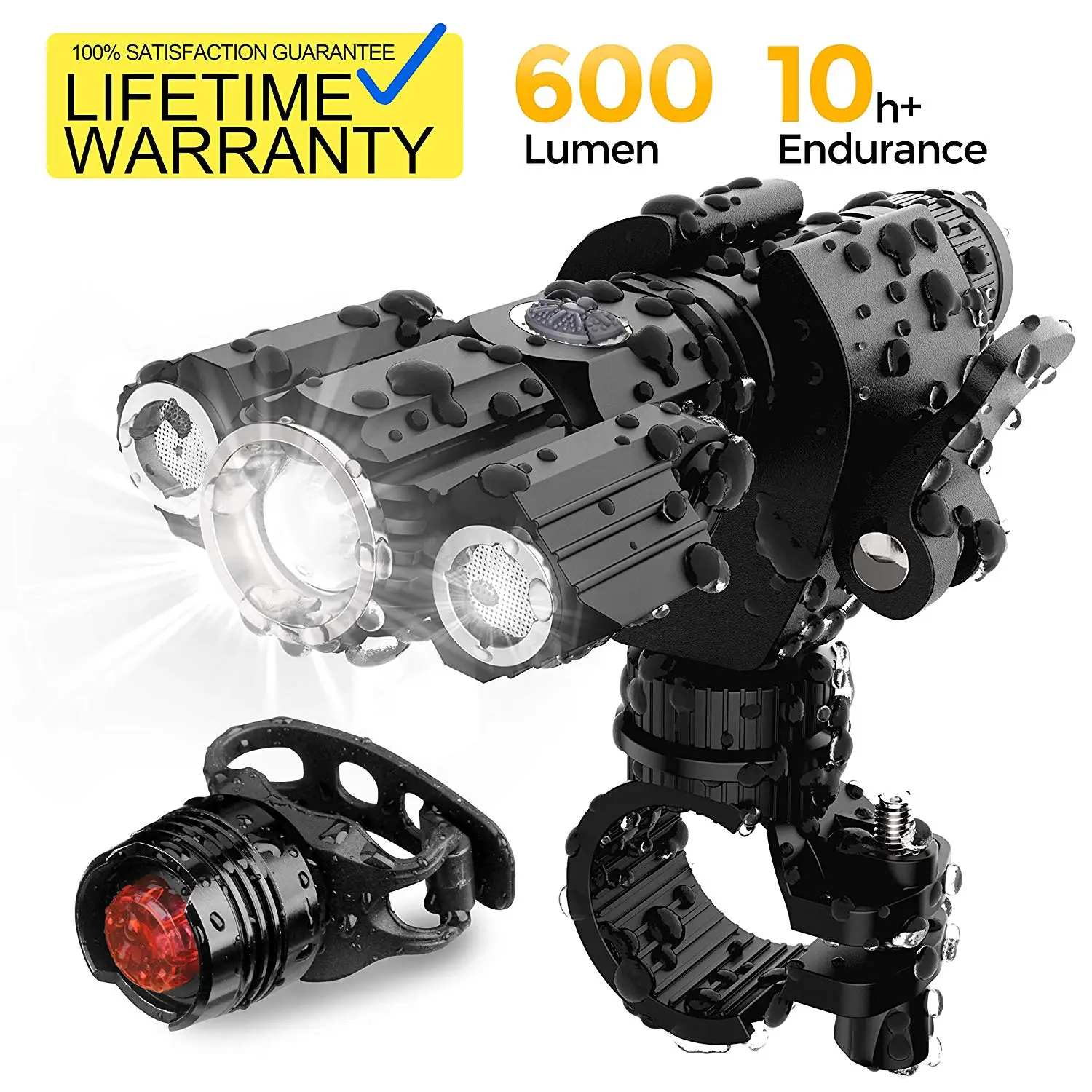

2019 USB Rechargeable Bike Light Set, Runtime 10+ Hours 600 Lumen Super Bright Headlight Front Lights and Free Back Rear LED