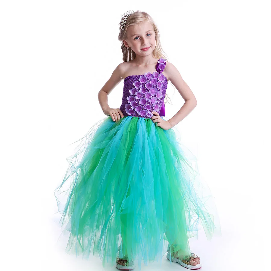 Mermaid Kids Princess Tutu Dress Purple Flowers Green Tulle Baby Girls (4)