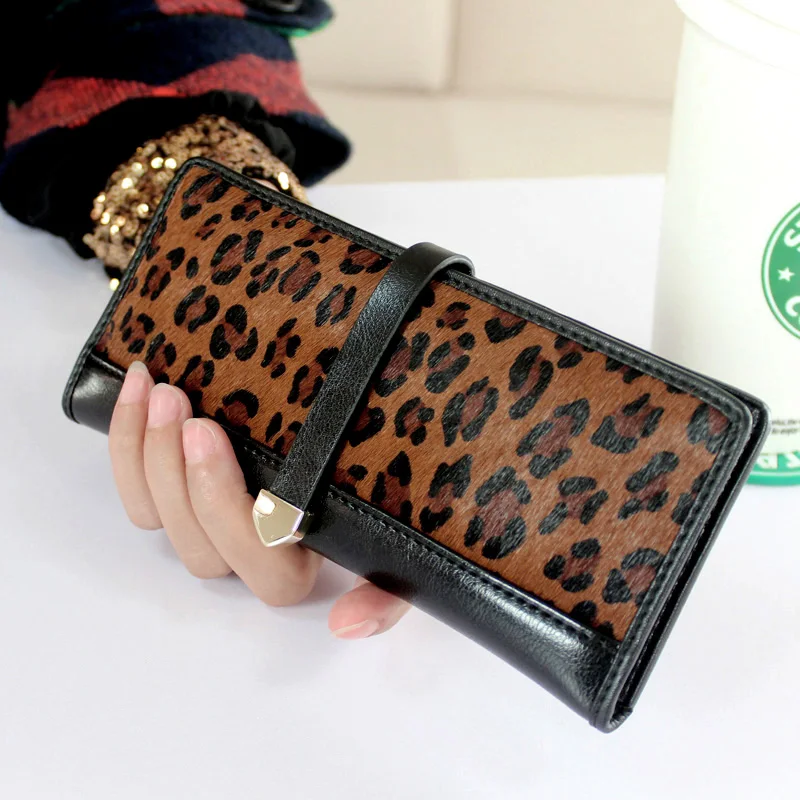Leopard Genuine Leather Wallet Woman Long Horse Hair Slim Wallet Money Bag Credit Card Holder