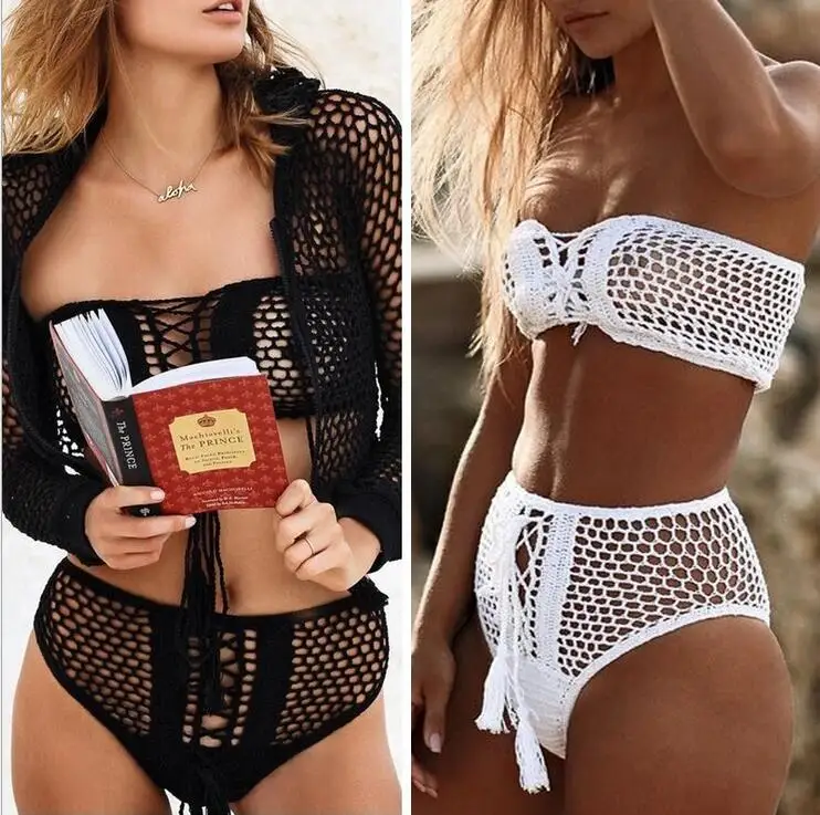 

Sport Black White Lace High Waist Swimsuit Bikini Set 2019 Sexy Solid Bikinis Women Crochet Push Up Swimwear