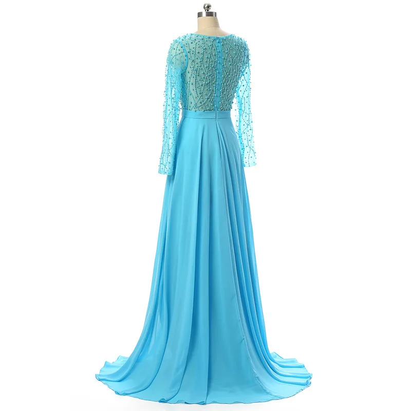 A-Line V-Neck Chiffon Blue Evening Dress Long Sleeves Vestidos de fiesta largos elegantes de gala Bead Bodice Formal Dresses A-Line V-Neck Chiffon Blue Evening Dress Long Sleeves Vestidos de fiesta largos elegantes de gala Bead Bodice Formal Dresses