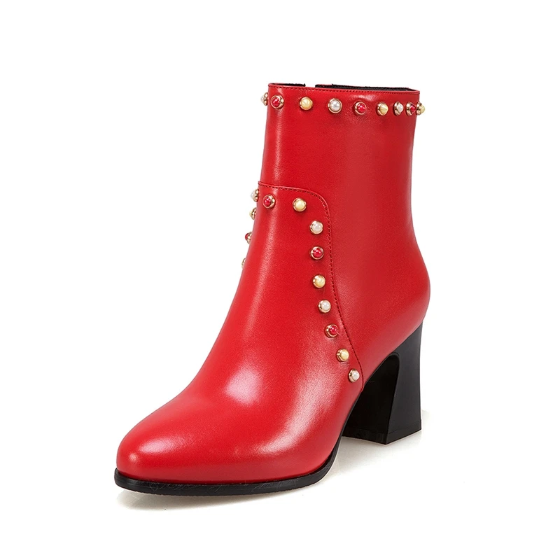 Zip Neue Black Frauen Stiefeletten Zyl710 white Stiefel Ankunft Solide Qualität Kuh Ferse Runde Top Leder Platz Dame Enmayer Kappe red vqgwdpp
