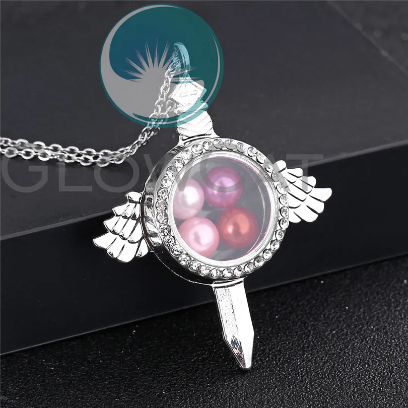 

Silver Wing Sword Locket Necklace Beads Pearl Memory Photo Glass Locket Pendant Rhinestone Charm Necklace