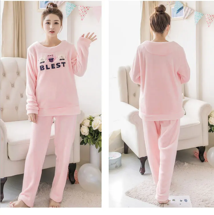 Winter Women Pyjamas Sets Thick Warm Coral Velvet Pajamas Suit Flannel Long Sleeve Cartoon Top+Pants Sleepwear Night Clothes Set