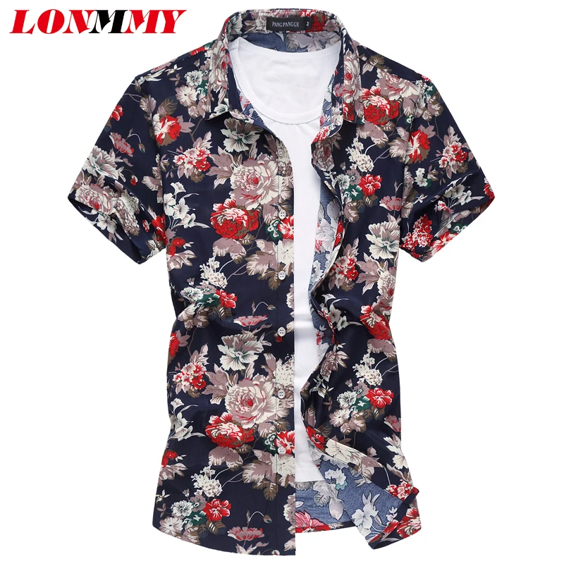 LONMMY 플러스 사이즈 6XL 남성 캐주얼 꽃 셔츠 남성 셔츠 실크 면화 셔츠 남성 캐주얼 반소매 셔츠 2018 여름 블라우스