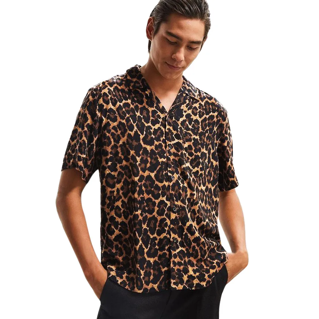 Mens Leopard Shirts Summer Fashion Casual Lapel Short Sleeve Button Down Shirt Top Comfort Blouse