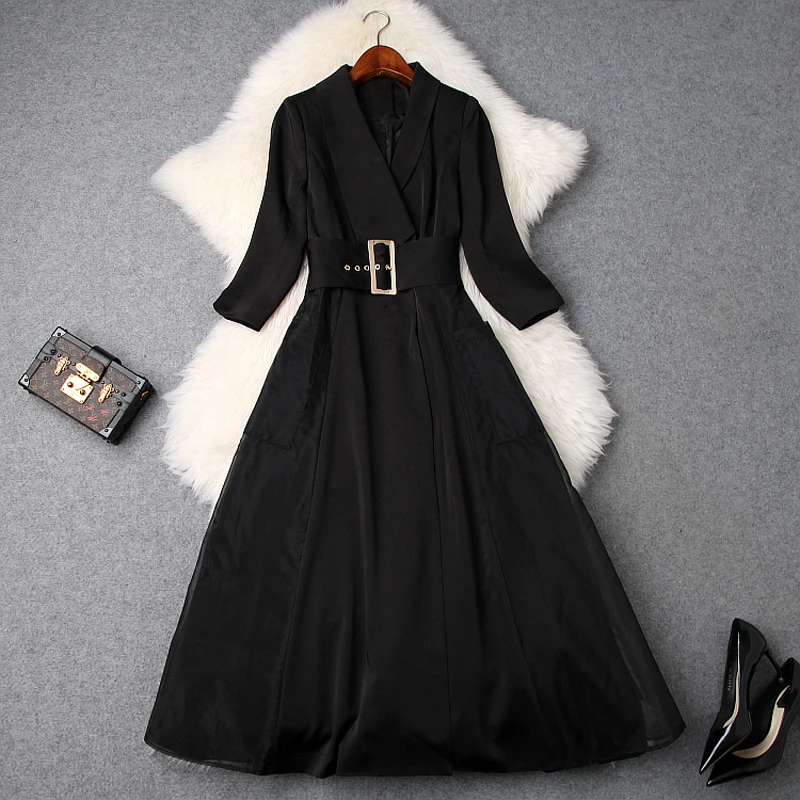 

2019 NEW Luxury Designer Spring Office Lady Sashes dress Women Clothing Slim Party Dress XL High Street Elegant length dresses
