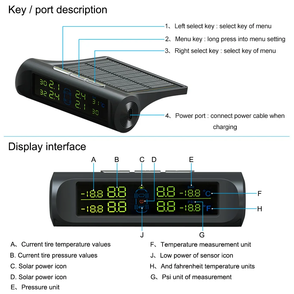 Универсальный беспроводной солнечный автомобиль TPMS система контроля давления в шинах бар/PSI блок с 4 внутренними/внешними датчиками опционально