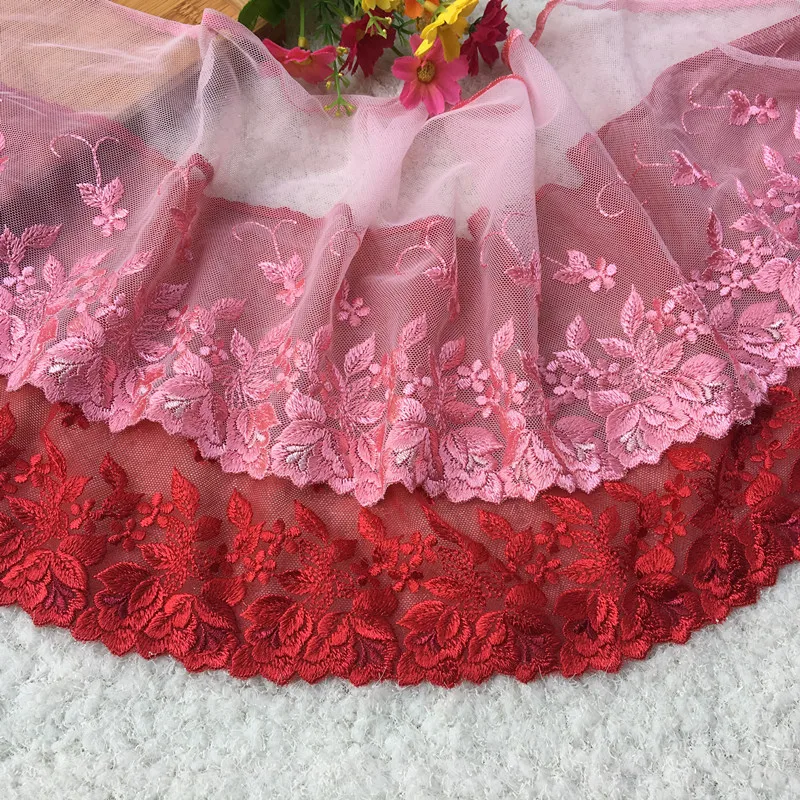 17.5cm or 6.89inch wide -7yards/lot Deep Red Pink Embroidered Floral Tulle Lace Trim Mesh Embroidery | Дом и сад